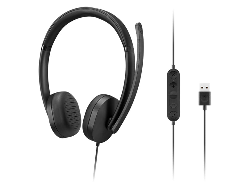 [AUSTRALIA] - Lenovo USB-A Wired Stereo Headset for PC/Laptop, AI Noise Canceling via APP, 140g Lightweight, Replaceable Earcups, Double-Sided Boom Mic, in-line Controls with Mute for Call. Work with Teams/Zoom 