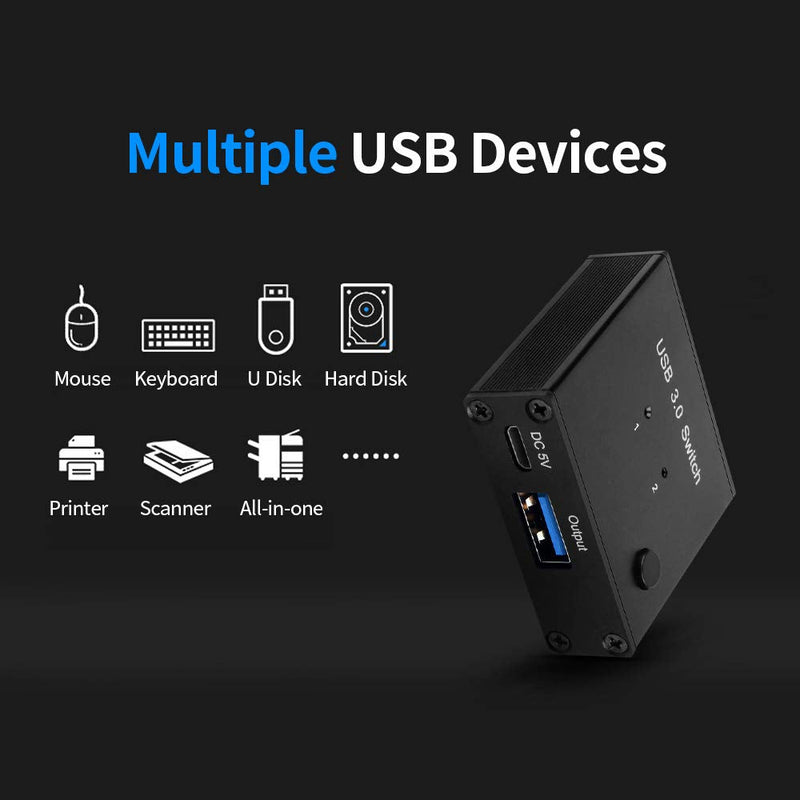 USB 3.0 Switch 2 in 1 Out, USB Switcher 2 Computers Sharing Keyboard or Mouse Printer Scanner Webcam, Printer Splitter for 2 Computers, 2 Port USB Selector Switch with 2 USB3.0 Cables Black 12cm usb 2 in 1 out