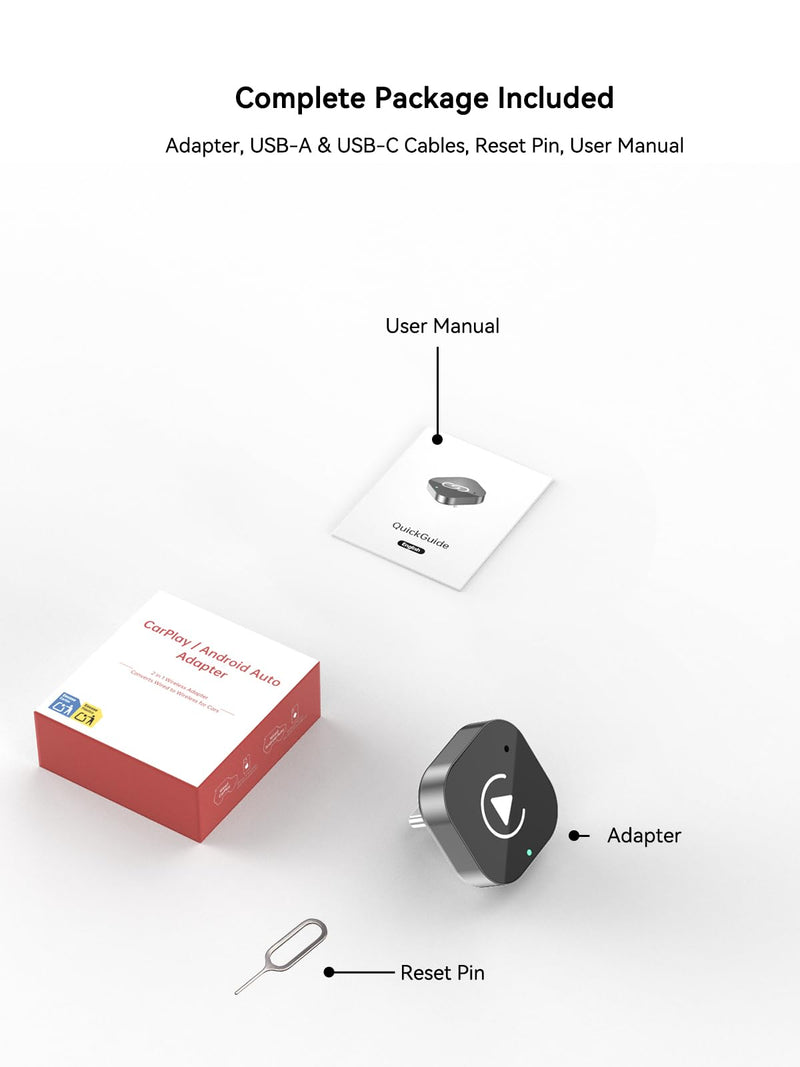 USB-C Wireless CarPlay & Android Auto Adapter with USB-A Converter, 2-in-1 Wireless CarPlay Adapter for Factory Wired CarPlay and Android Auto Cars, High-Speed 5GHz WiFi, Bluetooth 5.0 | 2-in-1 adapter uses 5GHz WiFi and Bluetooth 5.0 to add wireless C...