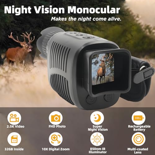Rechargeable Night Vision Monocular for 100% Darkness, Full HD1080P Video Long Distance Infrared Night Vision Goggles Binoculars for Hunting, Camping, Travel, Surveillance 32GB Inside