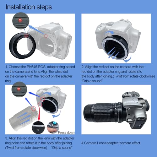 Compatible with PK 645 P645 PK645 Lens to EF (EF, EF-S) Mount SLR Cameras5D,5D Mark II/III,7D,10D,20D,30D, 40D,50D,60D, Rebel xt, xti, xs, xsi,PK645 to EF Lens Adapter.