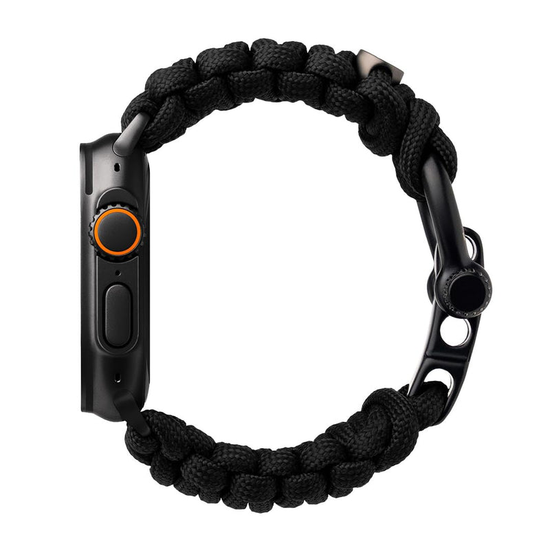 KORDIZ Survivor - Nylon Paracord Apple Watch Band Compatible with Apple Watch ULTRA 3, ULTRA 2 / 1 [49mm] & Series 11, 10, 9, 8, 7-1, SE3, SE2, SE [46mm 45mm 44mm 42mm] - with Stainless Steel Adjustable Shackle Black - Ultra 49mm Black Medium