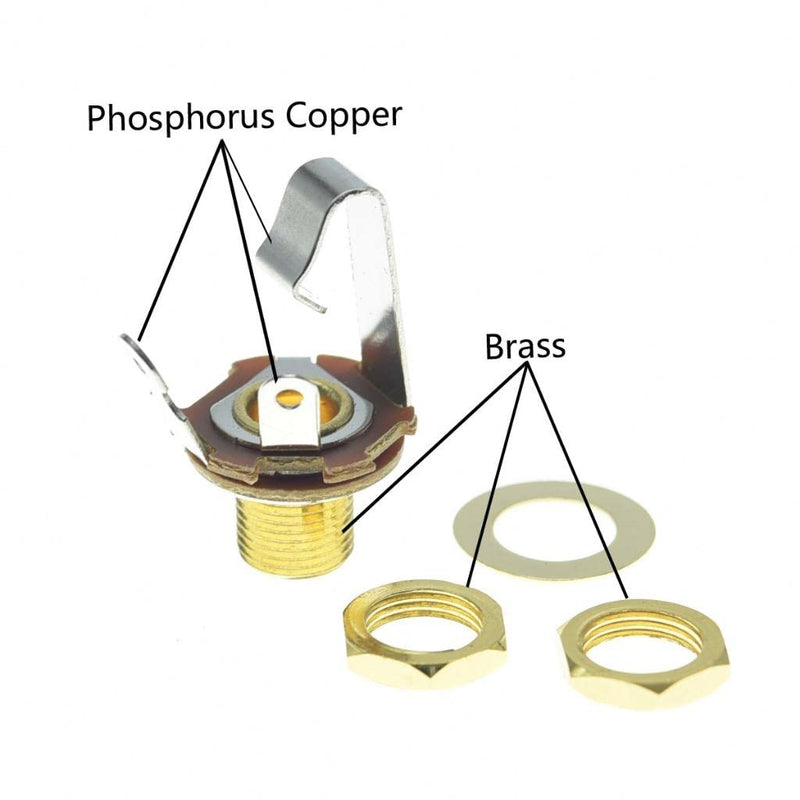 KAISH Gold Premium 2-Pack Brass Material American Thread Audio 1/4" Female Guitar/Bass Output/Input Jack 6.35mm TS Mono Panel Mount Jack Socket with Nuts and Washer American 3/8"-32 Thread 2pcs Gold