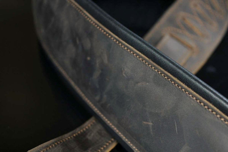 3.25" Wide Lightly Distressed Dark Brown Dual Padded Leather Guitar and Bass Strap IL-5DBrn