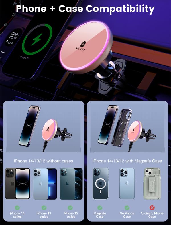 for Magsafe Car Mount Charger 15W LED RGB Car Phone Holder for Dash Vent | HandsFree Magnetic Wireless Car Charger Car Mount Fast Car Charger for iPhone 17 16 15/14/13/12 Series Pink