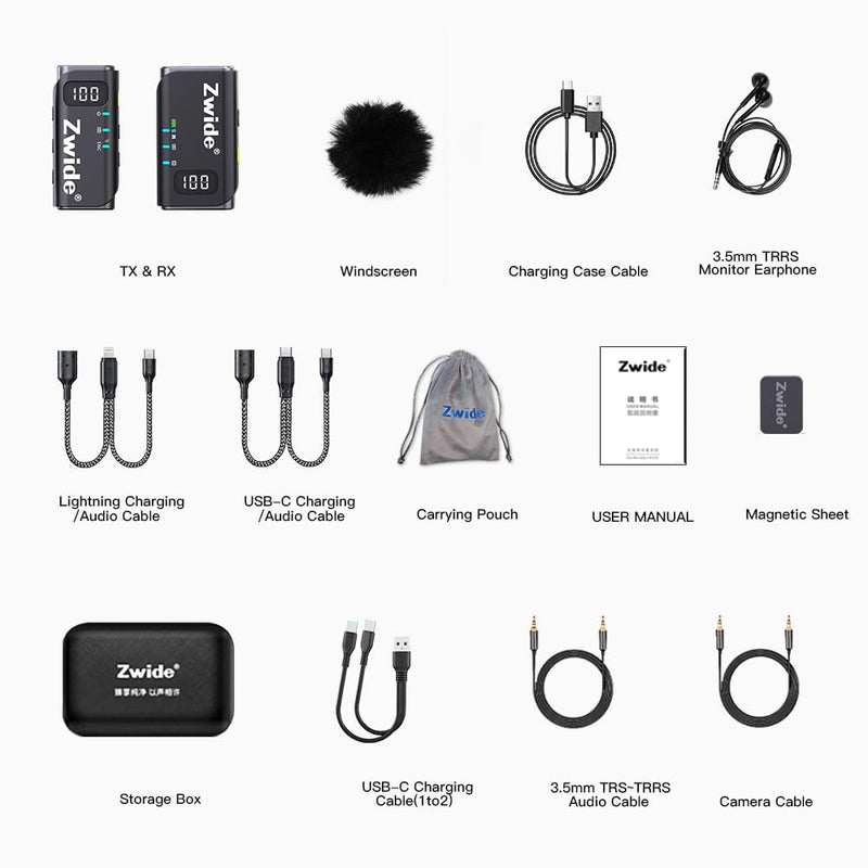 Zwide Wireless Lavalier Microphone System M4(1to1), 3 Levels Noise Cancellation, Compact Mini Lapel Mics with Magnetic Clip for DSLR/SLR Camera/Camcorder/iPhone/Android Phones/PC M4(1TX + 1RX)
