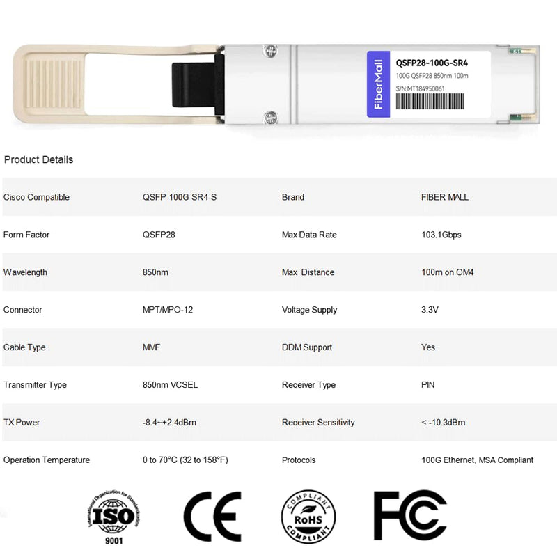100G QSFP28 SR4 for Cisco QSFP-100G-SR4-S, 100GBASE-SR4 QSFP28 Optical Transceiver Module 850nm 100m DOM MTP/MPO DOM 100GBASE-SR4: 100m