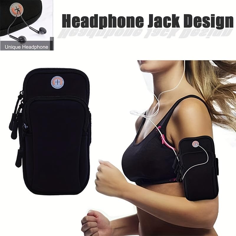 Phone Armband Waterproof Zip Pocket Adjustable Strap Headphone Port Fits iPhone 17-7 Plus Galaxy S26-S24 for Jogging Gym, Black