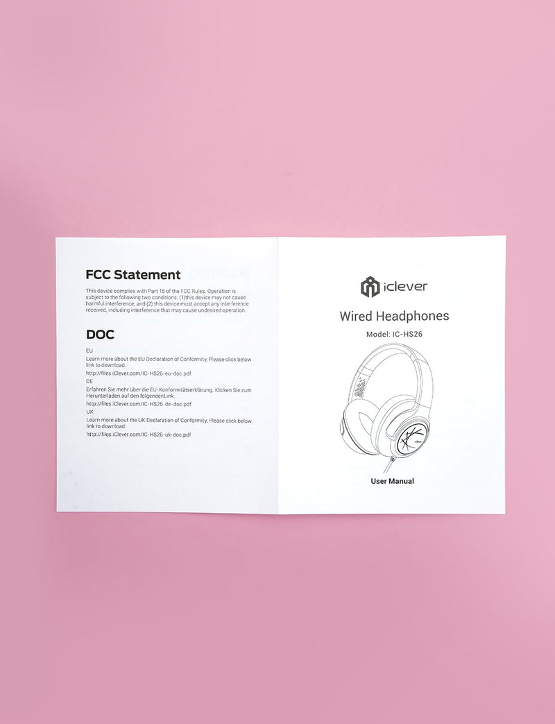 iClever Kids Headphones with Cord, 85dBA Safe Volume Wired Headphones for Kids, Stereo Sound Foldable Adjustable, 3.5mm Jack, Over Ear Kids Headphones for School/Boys/Girls/iPad/Tablet/Travel, Pink