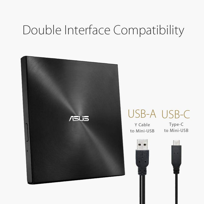 ASUS ZenDrive Black 13mm External 8X DVD/Burner Drive +/-RW with M-Disc Support, Compatible with Both Mac & Windows and Nero BackItUp for Android Devices (USB 2.0 & Type-C Cables Included) ZenDrive Silver USB 2.0 + Type C U9M|Black