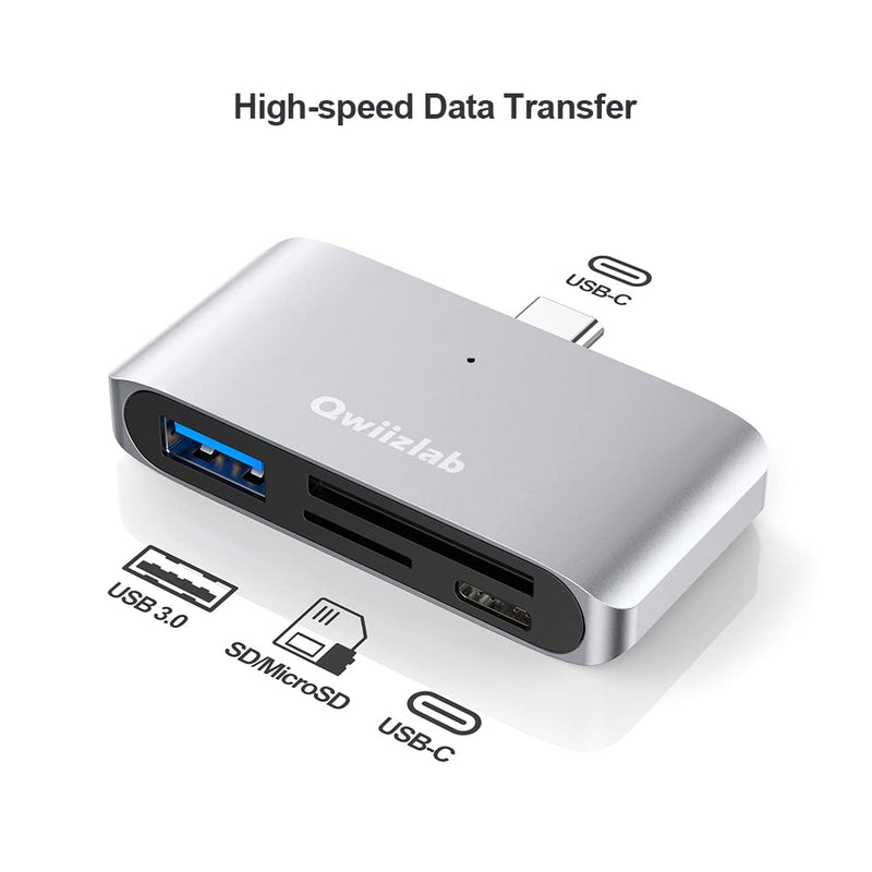 Qwiizlab 4-in-1 USB-C 3.0 Hub, SD/Micro Memory Card Readers, USB-A 5Gbps, USB-C 2.0, for MacBook Air Pro iMac HP XPS Lenovo Windows Laptop PC(Silver) Silver