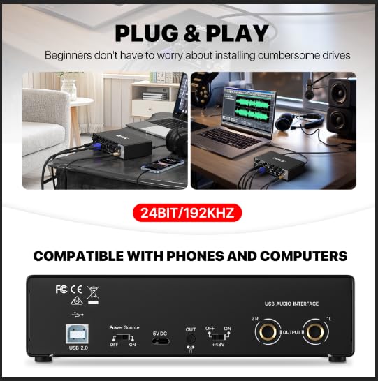 EBXYA 2i2 USB Audio Interface for PC Recording, 24-bit/192kHz Plug and Play USB Interface +48V Phantom Power for Music, Studio, Guitar, Podcast, Streaming No Software Included(Metallic Black) Audio Interface-Black