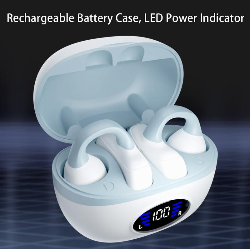 IHAO Clip Ear Sport Earbud Headphones Bluetooth 5.3 Open Earpiece, Clip On Ear Never Fall Out 8 Hours Playtime with Charging Case, HiFi Sound Noise Reduction Painless Firm Wear IPX4 Waterproof-White Clip Earbud White