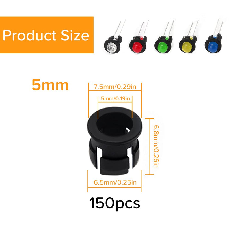 Lyeteung 150 pieces 5 mm plastic black LED diode holder, LED lamp holder, clip bezel mounting diode holder, LED socket, LED mounting clip 5mm Kunststoff - C