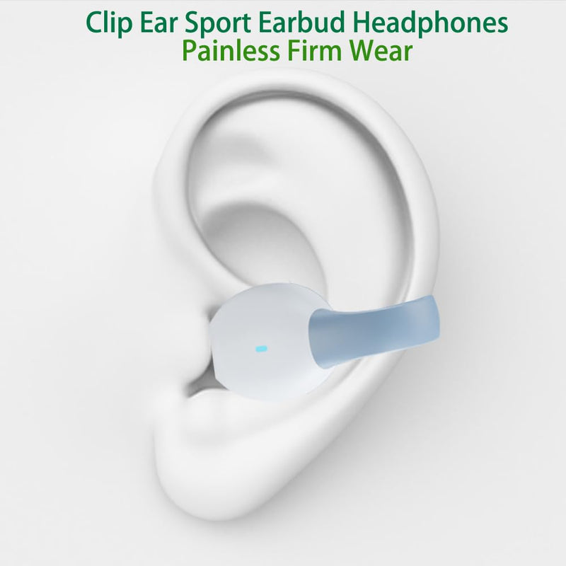 IHAO Clip Ear Sport Earbud Headphones Bluetooth 5.3 Open Earpiece, Clip On Ear Never Fall Out 8 Hours Playtime with Charging Case, HiFi Sound Noise Reduction Painless Firm Wear IPX4 Waterproof-White Clip Earbud White