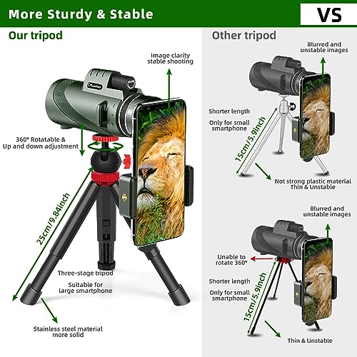 40X60 Monocular Telescope - High Power for Adults with BAK4 Prism. Includes Phone Adapter, Tripod & Hand Strap. Perfect for Bird Watching & Concerts