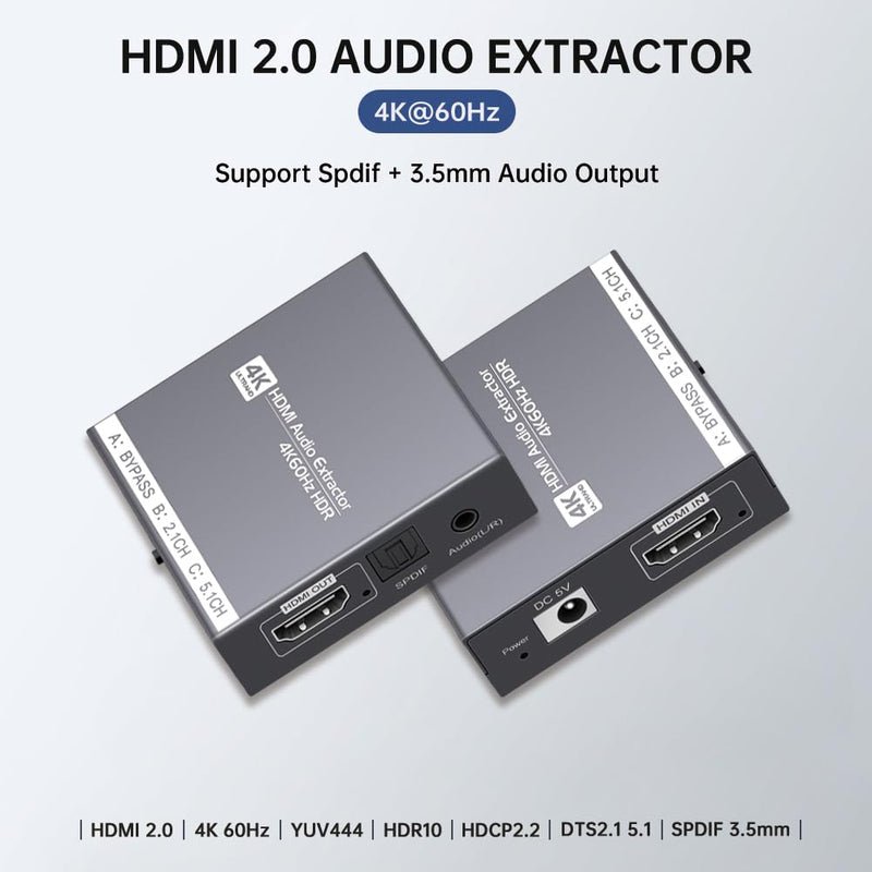 HDMI 2.0 Audio Extractor 4K 60Hz, HDMI to Optical and 3.5mm Audio Adapter for PS4/5, Fire Stick, Speakers, Headphones, Blu-ray Player RY-4HA102