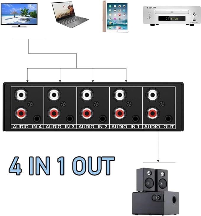 RCA AUX Audio Switcher 4 in 1 out, BolAAzuL Stereo Audio Selector 4X1 Passive 3.5mm Aux L/R RCA Audio Switch Box Analog Audio Selector