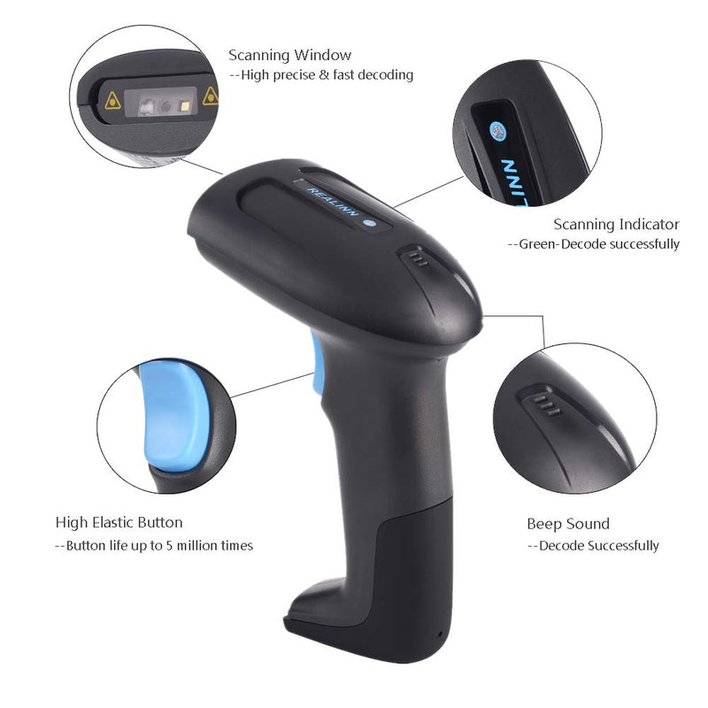 [AUSTRALIA] - REALINN Wireless 2D QR Barcode Scanner Rechargeable Automatic Handheld Code Reader Dustproof Waterproof Shockproof Fast and Precide for Mobile Payment, Store, Supermarket, Warehouse 