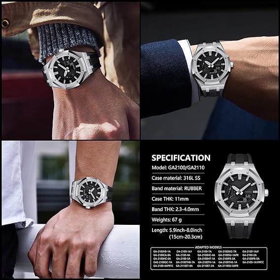 BMT GA2100 Case Band Mod Kit, Stainless Steel Case Bezel Crown Silicone Strap Replacement Accessories Compatible with Men's Watches G-Shock GA-2100/GA-2110/GA-B2100 Silver Black