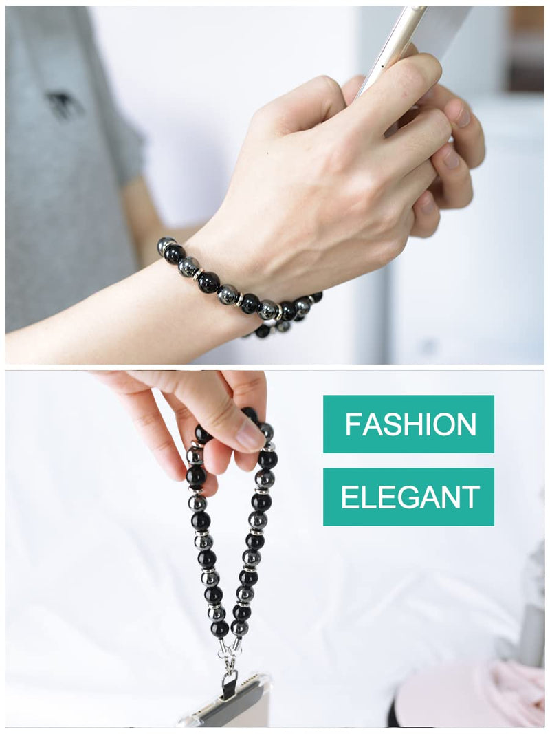 Marble Beaded Phone Wrist Strap, Cellphone Lanyard with Tether Tab, Hands-Free Wristlet Bracelet Obsidian Black