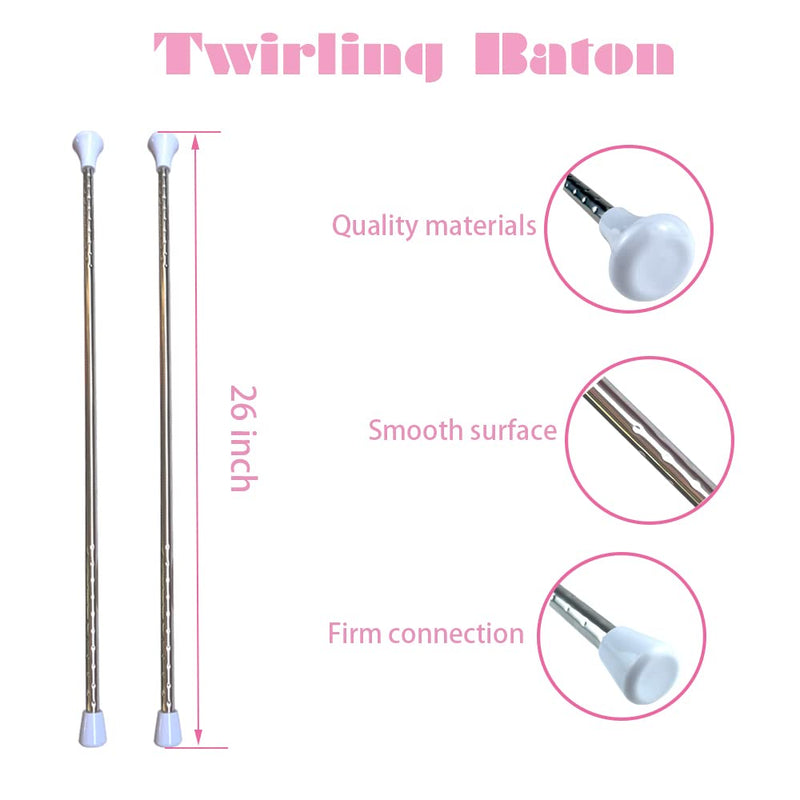 2 Pcs Twirling Baton 26-Inches Marching Band Baton Spinning Dance Baton Metal Gymnastics Parade Stick for Child in Majorette with 2 Dance Ribbon Streamer 2 White