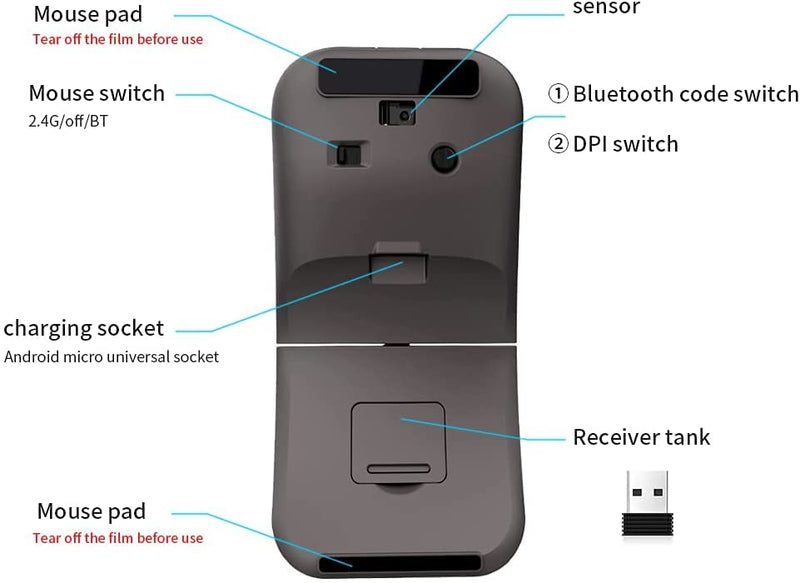 WFB Bluetooth Wireless Mouse Foldable Arc 180° Rotating Silent Click Portable Curved Mouse for Home, Office, Travel(Black)