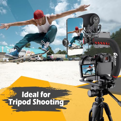 Zeadio Video Handheld Stabilizer, Triple Cold-Shoe Handle Grip with Smartphone Holder、360° Ball Head Mount, Compatible with All Camera Sport Camera DSLR Smartphone