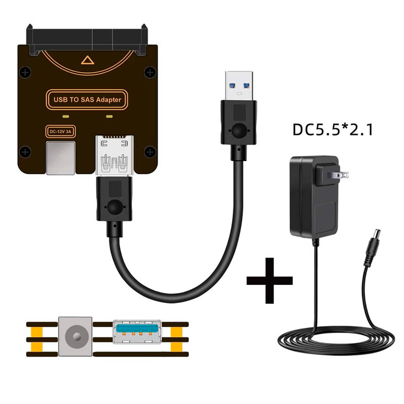 chenyang USB 3.0 to SAS Adapter for 2.5/3.5" SFF-8482 SAS Hard Disks to USB Converter Adapter with Power Supply (Need Power Supply to Work)
