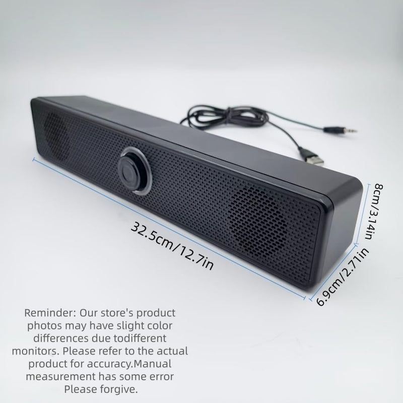 USB Computer Speaker Long Strip Wired Desktop Sound Bar with Knob Volume Control for Laptop PC Office Gaming Streaming Home, Black