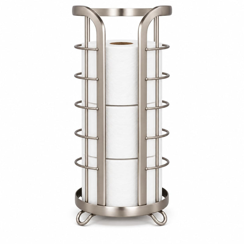 Metal Free Standing Toilet Paper Organizer Stand, 3 Rolls of Jumbo Toilet Tissue Storage, Bathroom Decor Accessory for Under Sink, Vanity, and Inside Cabinet Shelf, Omni Collection, Satin