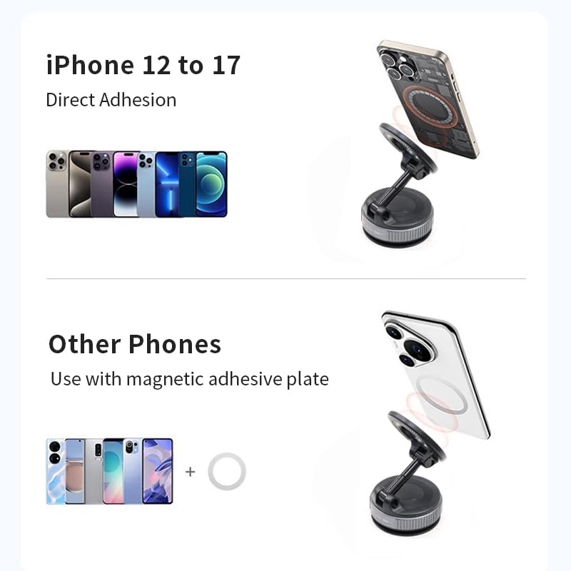 Vacuum Lock Magnetic Car Phone Mount, Universal Holder for All Phones, Anti-Vibration Strong Magnet 360° Foldable Holder for Dashboard, Windshield, Mirror & Gym, Compatible with Magsafe