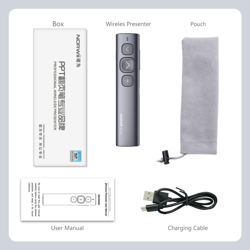 【Soft and Big Button】 Norwii N95 Rechargeable Presentation Clicker for Powerpoint Presentations, 2.4GHz Laser Pointer Presentation Remote Wireless Presenter Slide Clicker for Computer Laptop Mac Siver