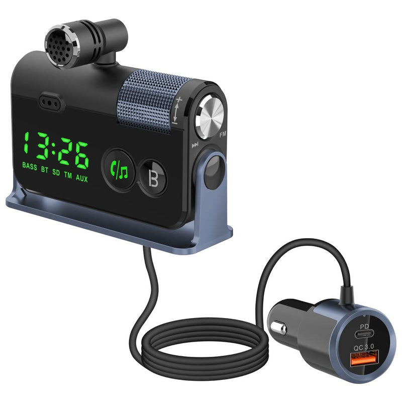 WYYHAA Fm Bluetooth Transmitter Car, 2 Microphones & QC3.0 +Type-C PD 18W HiFi Bass, Car Bluetooth Adapter Supports Hands-Free Calling, Siri Google Assistant, TF Card AUX Output, Blue