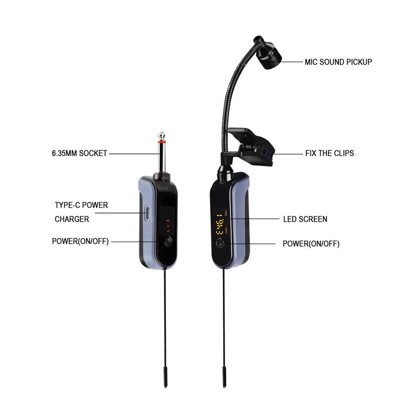 BOMGE UHF Wireless Instruments Microphone,Saxophone Microphone,Wireless Receiver and Transmitter,160ft Range,Plug and Play,Great for Trumpets, Clarinet, Cello, Active PA Systems (WTU-08A) WTU-08A