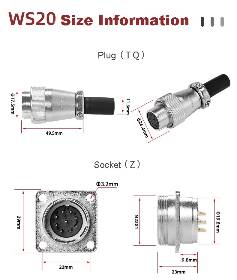 WS20 Waterproof IP67 Aviation WEIPU Connector Plug Socket M20 Square Panel Mount Electrical Power Metal Thread Connector for Industrial Signal LED (Male Plug and Female Socket, 12Pin 5A) Male Plug and Female Socket