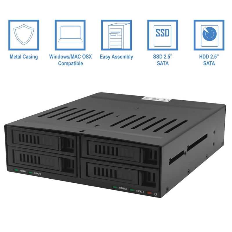 KINGWIN 4-Bay 2.5” SATA Removable SSD/HDD Mobile Rack, Hot-Swap 5.25” Internal Drive Cage, Compatible with 6Gbps SATA I/II/III, 7–9.5mm Drives, Metal Frame, LED Indicators