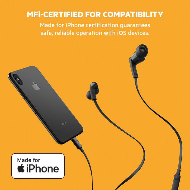 Belkin Wired Earbuds with Lightning Connector, Built-in Mic | In-ear headphones, tangle-free cable, inline remote, volume and track controls, water resistant, iPhone, iPad Black One Size LTG