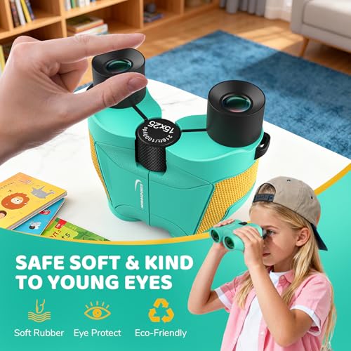 Aurosports 15x25 Compact Binoculars for Kids with Bird Guide Book, Green