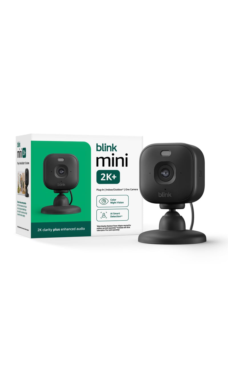 Blink Mini 2K+ (newest model) with 1-Year Basic plan – Plug-in Home & Pet Security Camera with 2K video resolution, color night vision, enhanced audio, motion detection – 1 camera (Black)