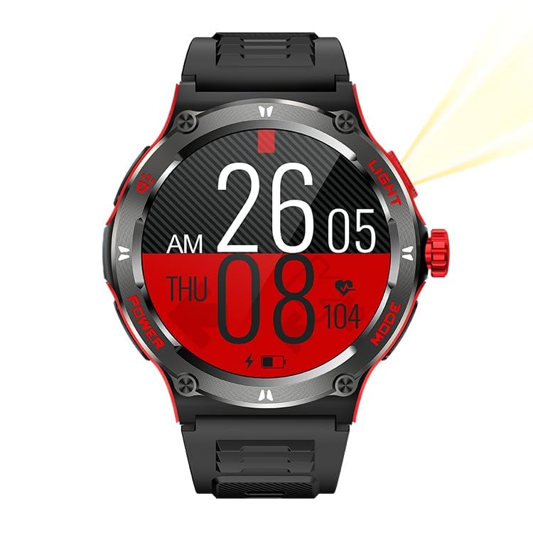 KT76 Outdoor Sport Smart Watch 1.53-inch HD Touch Screen 3ATM Waterproof Multifunction Smartwatch Ultra Powerful Flashlight Compass Heart & Health Monitoring Voice Assistant (Red) Red