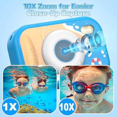 Kids Camera Waterproof, IP68 Underwater Camera for Kids Aged 3-12, HD Kids Digital Camera with 1080P Video Recording, Durable ABS Material, Pool Toys for Boys Girls with 32GB Card(Blue) Blue