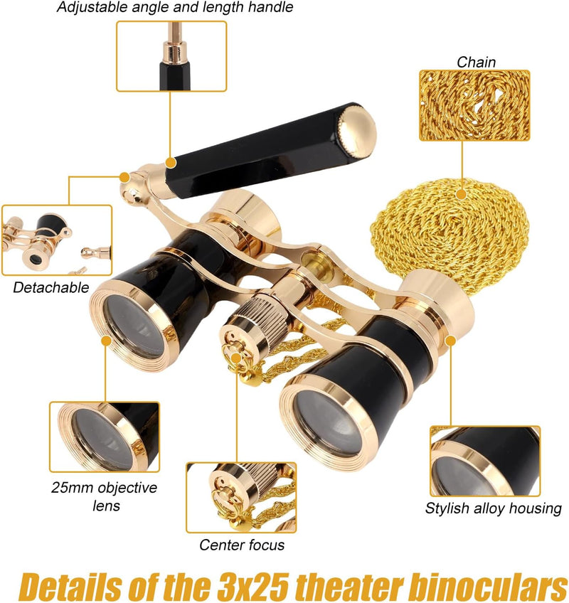 Aroncent Opera Glasses Binoculars 3X25 Theater Glasses Mini Binocular Compact with Adjustable Handle for Adults Kids Women in Opera Musical Concert black