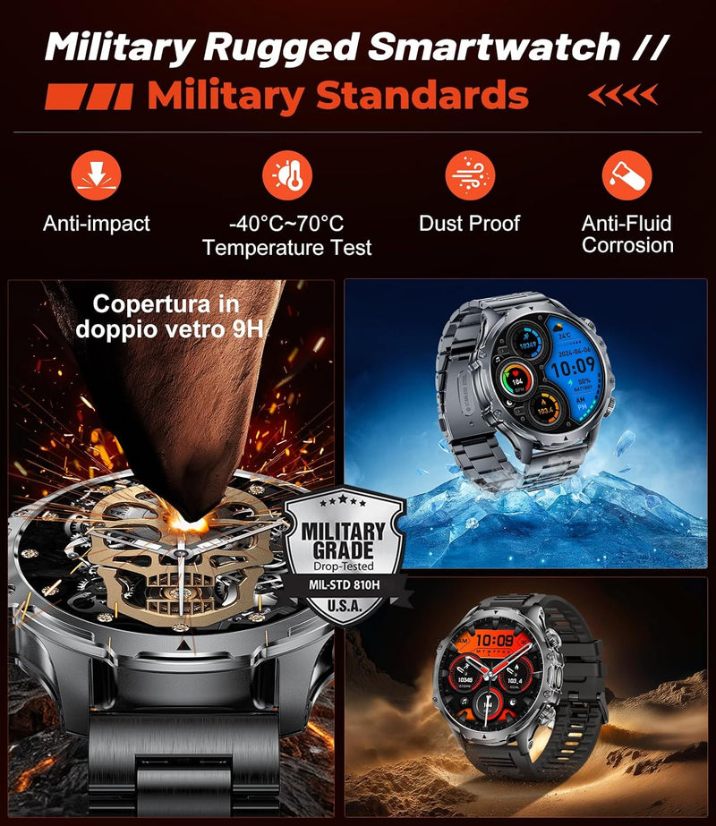 Military Smart Watch for Men Answer/Make Call, 1.85'' HD Rugged Smartwatch with 1000mAh Battery/Flashlight/Heart Rate/110+ Sports Mode, IP68 Waterproof Fitness Tracker Watch for Android iPhone Black
