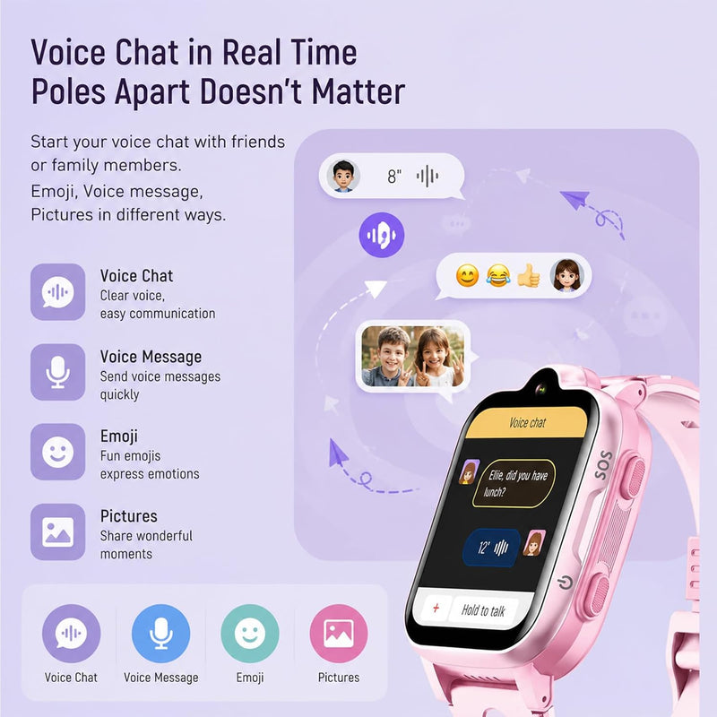 4G Kids Smart Watch with GPS Tracker, Video Call & Texting, Smart Watch for Kids with SIM Card, SOS, School Mode, HD Camera, Pedometer, Kid Watch Gift for Boys Girls Age 4-12, Pink