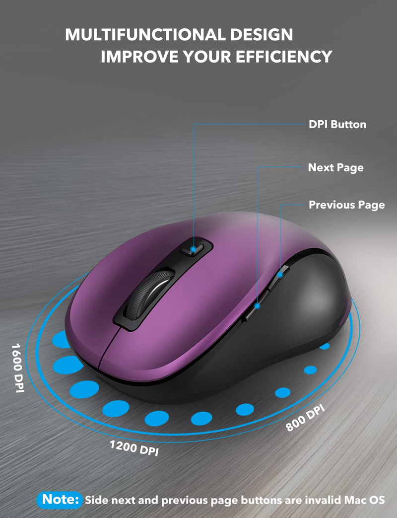 Wireless Mouse for Laptop, Trueque 2.4GHz Ergonomic Computer Mouse with 3 Adjustable DPI Levels, Page Up & Down Buttons, USB Mouse for Chromebook, PC, Desktop, Notebook, MacBook (Purple) Purple