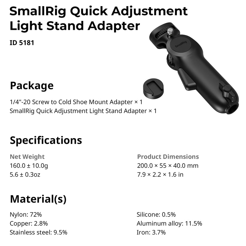 [AUSTRALIA] - SmallRig Quick Adjustment Light Stand Adapter, One-Button 180° Pitch Adjustment, 3kg Load Capacity, for COB Video Light/Camera/Phone Clips, for On-Camera Flash, 5181 