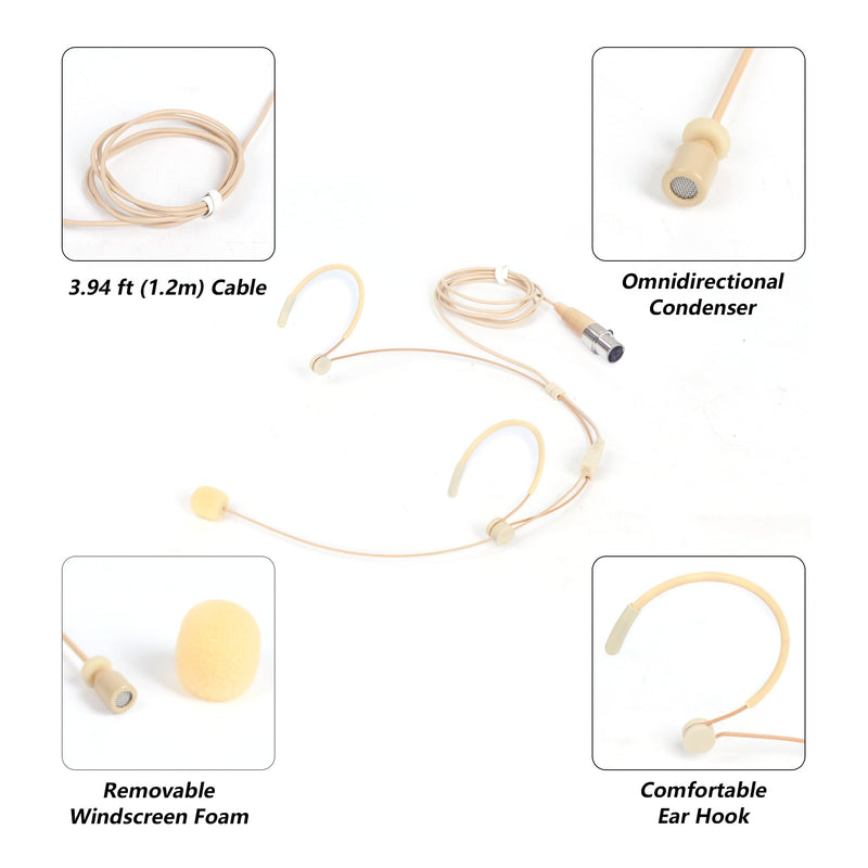 Beige Headworn Microphone,Daul Ear Hook Mic,Condenser Headset Mics for Shure Microphone Wireless Systems,Ideal for Lectures,Actors,Theater,Podcasts Mini 4 Pin XLR (TA4F) Plug