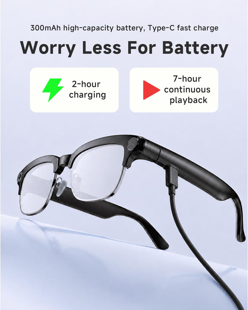 TOOBUR AI Smart Glasses with 8MP Camera, 1080P Anti-Shake HD Video, 2 Pairs of len, Real-Time Translation & Voice Assistant, Bluetooth Calls & Open-Ear Audio for Vlogging, Travel & Meetings