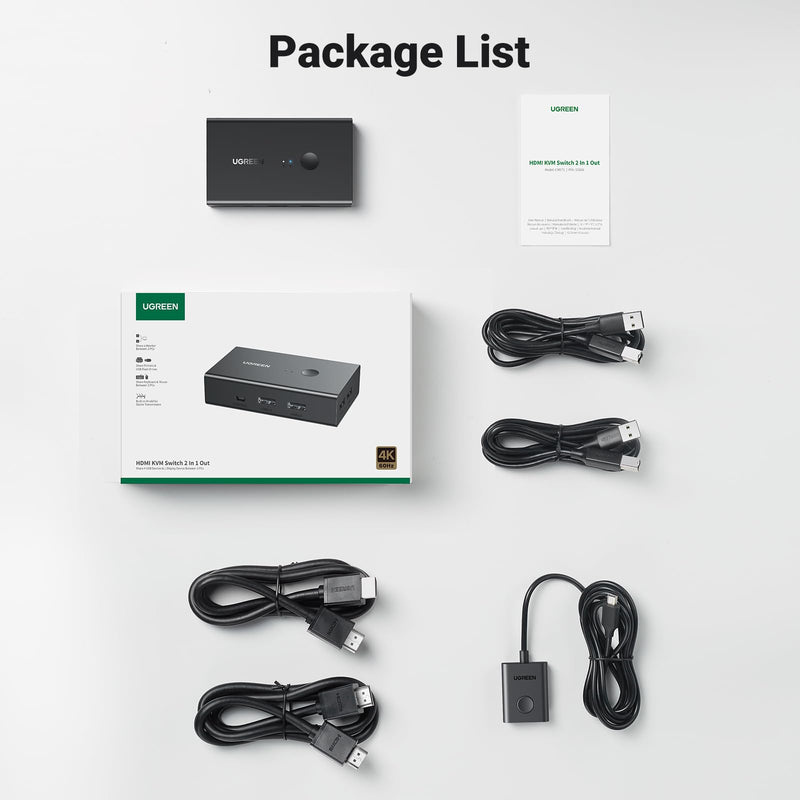 UGREEN HDMI KVM Switch 1 Monitor 2 Computers, 4K@60Hz, with 4 USB Ports | KVM Switches, Sharing One Monitor Keyboard Mouse Printer, with 2 HDMI + 2 USB Cables, Desktop Controller, No EDID Emulation